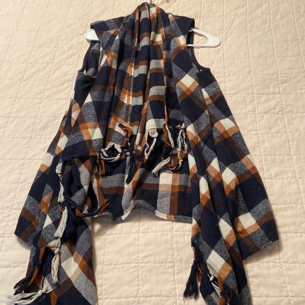 Navy and brown plaid fringe vest